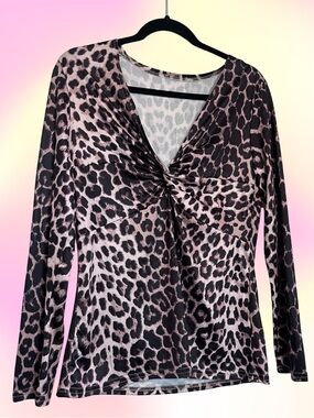 Leopard Print Twist Front Long Sleeve Top - Pink & Black